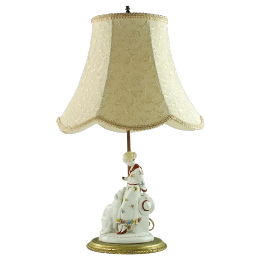 Antique Hand-Painted Porcelain Figurine Table Lamp with Decorative Shade