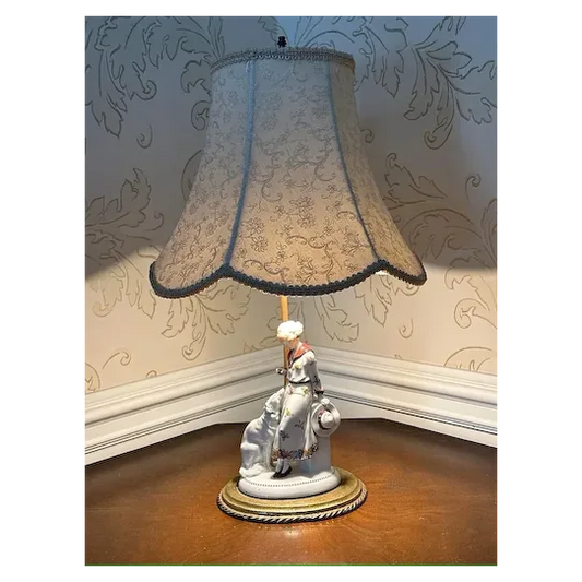 Antique Hand-Painted Porcelain Figurine Table Lamp with Decorative Shade