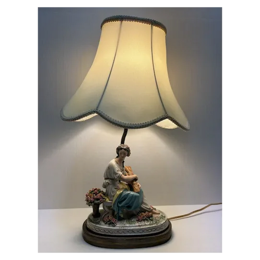 Antique Porcelain Seated Lady Table Lamp with Fabric Shade