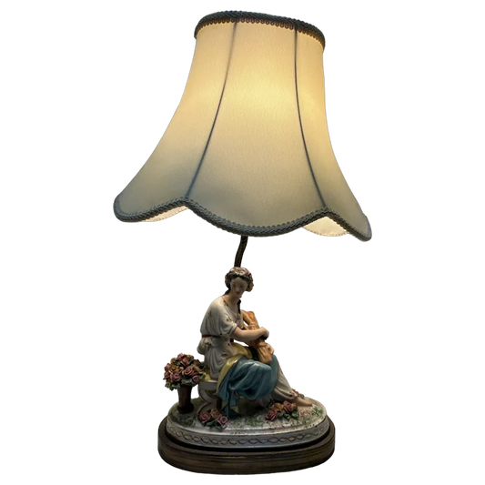 Antique Porcelain Seated Lady Table Lamp with Fabric Shade