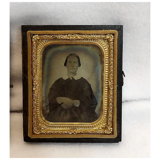Tintype Photo with Gold Gilt Metal and Hand Tooled Leather & Wood-Velvet Case