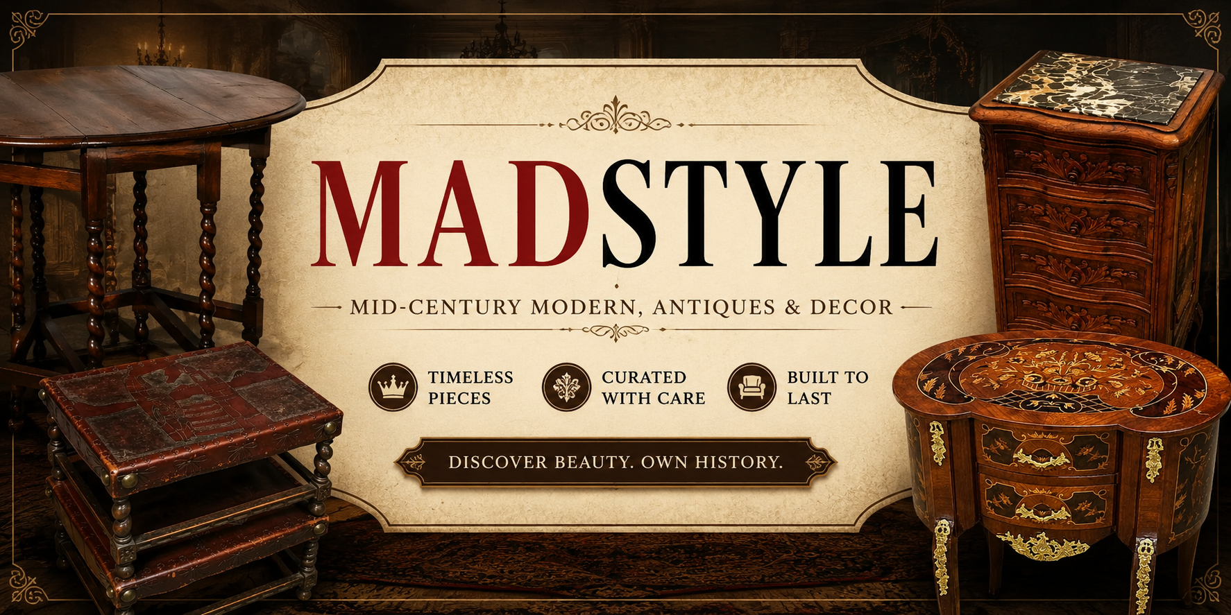 Advertisement for 'Mad Style' featuring vintage furniture with a dark background.