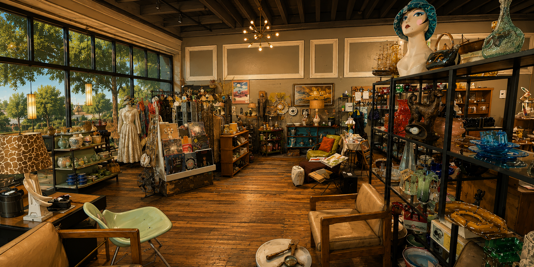 Interior of a vintage store with wooden floors and shelves filled with various items.